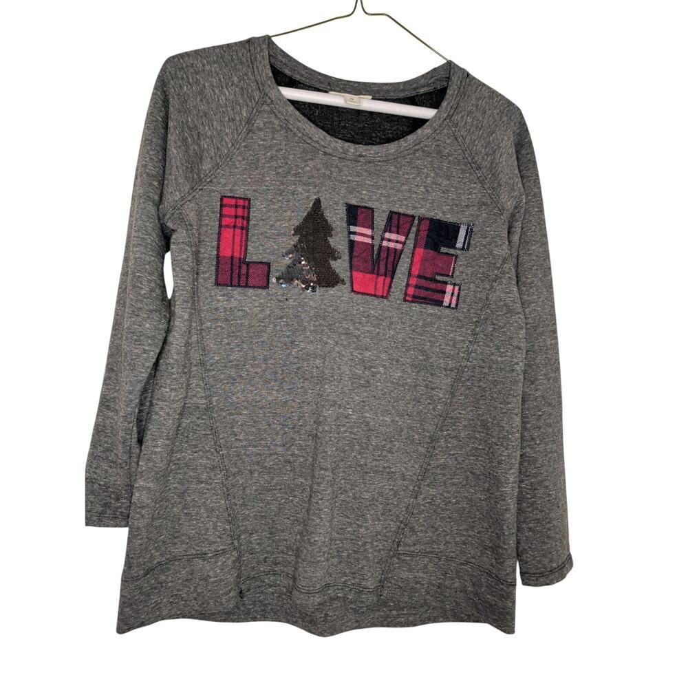 Style & Co Sequin Love Xmas Tree Sweatshirt Gray Holiday Pullover Petite Small